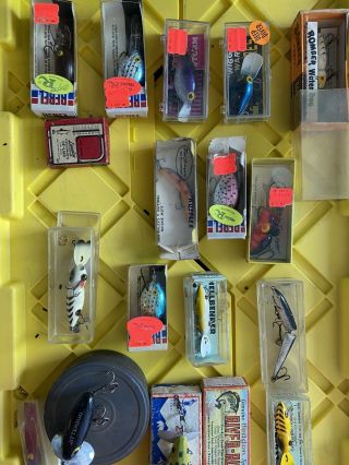 18 Vintage Bomber Water Dog And Other Fishing Lures In Wood & Plastic W/ Box
