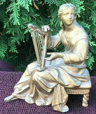 1880 Large Antique Ansonia Statue Roman Lady Sitting W/harp Mantle Clock Topper