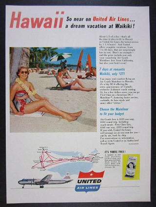 1955 United Air Lines Hawaii Waikiki Vacations Route Map Dc - 7 Vintage Print Ad