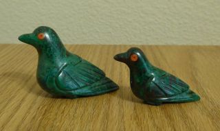 Set Of 2 Vintage Polished Green Marble Hand - Carved Bird Figurines