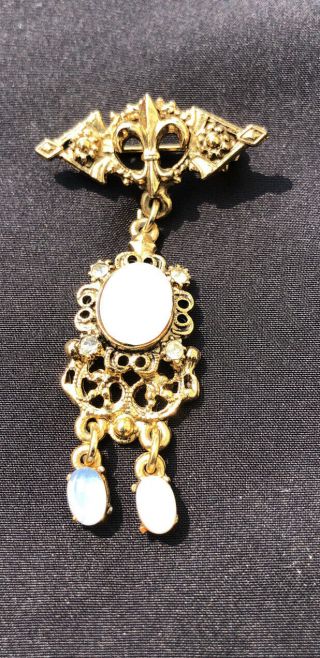 Vintage Signed Florenza Gold Tone Ornate Faux Opal Brooch Pin Pendant
