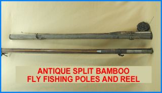 2 Antique Split Bamboo Fly Fishing Rods - Wood Holders - One Reel