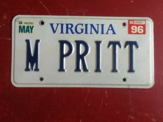 License Plate Tag Virginia Va Personalized Vanity M Pritt 1996 Rustic Usa