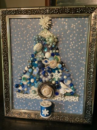 Vintage Jewelry Art Framed 8x10 Christmas Tree Blue Teal Decoration Gift