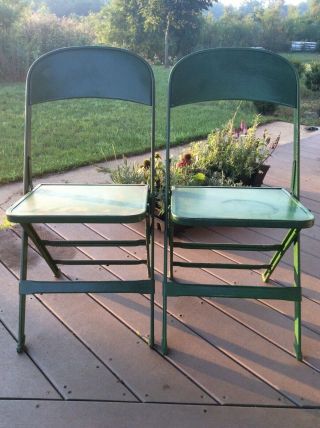 2 Vintage Clarin Metal Wood Seat Folding Chairs Mid Century