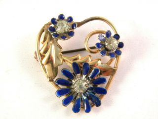 Barclay Floral Blue And Goldtone Brooch Heart 1/20th 12kt Gold Filled Vintage Je