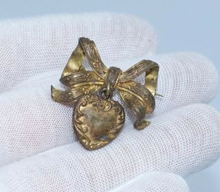 Antique Victorian Gold Gilt Heart Bow Detailed Charm/watch Pin Brooch Grungy Old