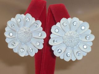 Vintage Carved White Celluloid Clear Rhinestone Big Flower Clip On Earrings