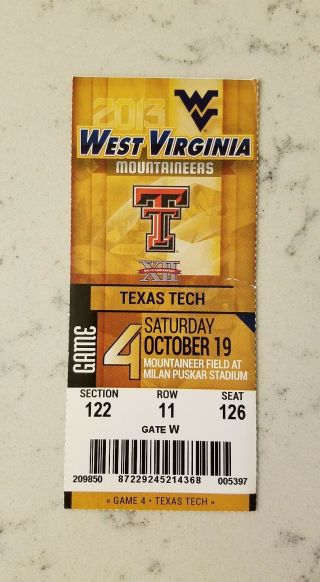 West Virginia Mountaineers Texas Tech Red Raider Football Ticket 10/19 2013 Stub