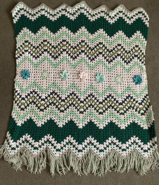 Vintage Hand - Knit Crocheted Afghan Throw Blanket Chevron Flower 43 " X49 " Greens