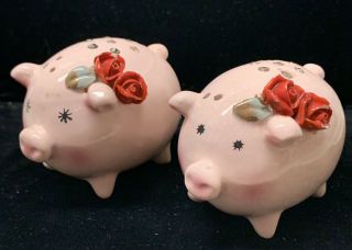 Vintage Porcelain Starry Eyed Pigs Salt And Pepper Shakers Roses S&p Lefton?