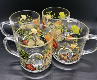 Vintage 4 Set Arcoroc France Spice Of Life Vegetable Garden Glass Mug Coffee Cup
