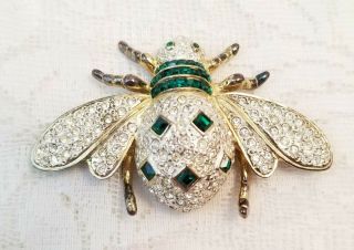 Large Vtg Bee Brooch Pin Green Clear Rhinestones Jewelry Insect Bug Figural