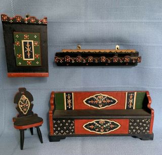 Vintage Wood Dollhouse Furniture Romanian Handpainted Folk Art Bench Cupboard
