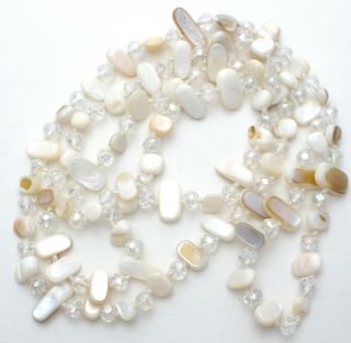 Vintage Mother Of Pearl Abalone Shell & Crystal Bead Necklace 46 " White Jewelry