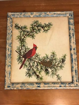 Vintage Hand Embroidered Framed Picture With Pine Tree And Cardinal (bird)