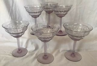 Set Of 6 Antique Pale Purple Etched Crystal Wine/champagne Glasses