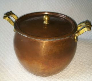 Beautyful Antique Vintage Hand Hammered Copper Pot With Lid And Iron Handle