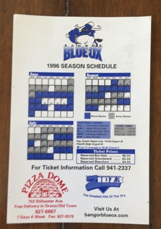 1996 Defunct Bangor Blue Ox Magnet Schedule ⚾️⚾️