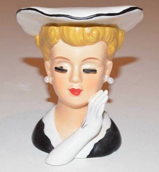Vintage Lady Head Vase - Unbranded Japan - Black And White With Hat - 4 - 3/4 "