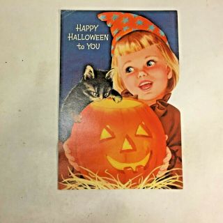 Vtg Norcross Diecut Halloween Card Little Girl W Witch Hat Black Cat Jol Pumpkin