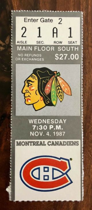 Nhl Montreal Canadiens Vs Chicago Black Hawks Ticket Stub - November 4,  1987