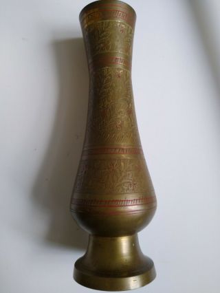 Vintage Solid Brass Hand Etched Engraved Painted Vase - Made In India