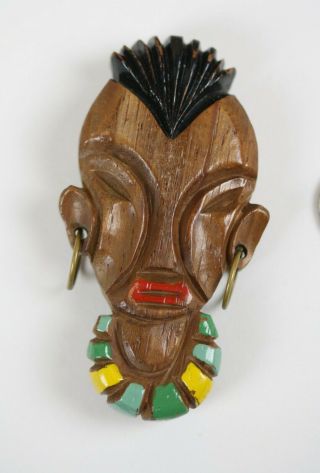 Vintage 1940s Politically Incorrect Carved Painted Wood Face Pin African Native