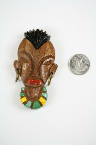 Vintage 1940s Politically Incorrect Carved Painted Wood Face Pin African Native 2