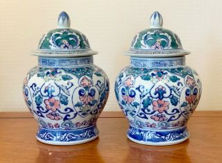 2 Vintage Chinese Tea Caddy Porcelain Blue Green Storage Jars Pots 9.  5 Ins Tall