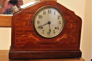 Large Antique Mahogany Marquetry Inlaid Mantel Clock Stringing Around The Edge