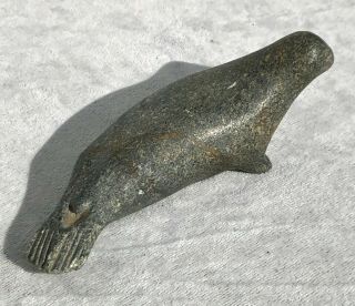 Vintage Stone Hand Carved Eskimo Inuit Seal Sculpture Label & Signed To Base