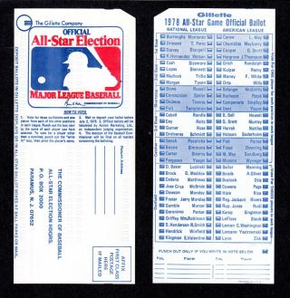 1978 Gillette Baseball Mlb All Star Game Ballot 3 - 1/4 X 7 - 3/8 Unpunched