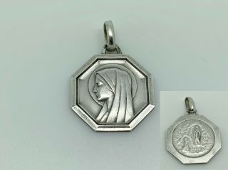 Antique Art Deco French Sterling Silver Virgin Mary Lourdes Medallion Pendant