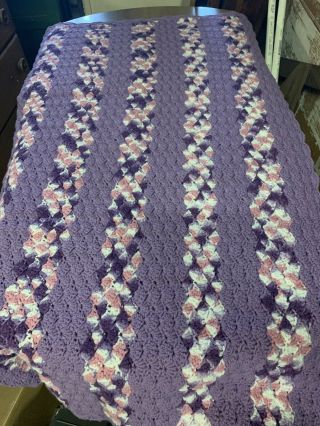 Vintage Handmade Crochet Purple Pink And White Afghan Blanket