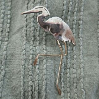 Vintage Silver Heron Collar/lapel Pin With Brass Legs
