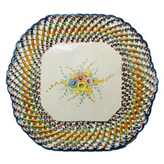 Vintage Hand Made In Spain Ceramic Rope Weave Floral Dish / Plate
