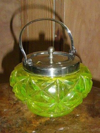 Antique Uranium Glass Conserve Bowl With Silver Plated Lid & Handle