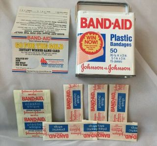 Vtg Johnson & Johnson 1983 Band - Aid Plastic Bandages Metal Tin Box Scratch Off