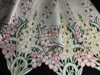 Stunning Large Vintage Linen Hand Embroidered Tablecloth Cutwork Gladioli