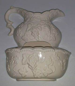 Vintage Decorama Ivory Ceramic Grapevine Teapot Tiered Wall Pocket Planter