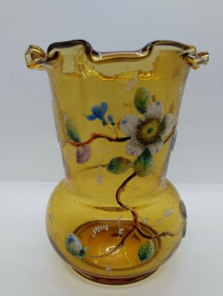 Antique Bohemian Moser Coralene Enamel Amber Glass Vase Flowers Ruffled 6 "