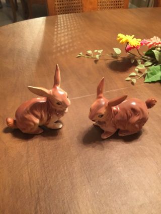 2 - Vintage Japan Ceramic Brown Easter Bunny Rabbit Figurine 4 1/2 " Long