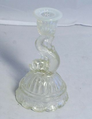 Antique Northwood Clear Vaseline Glass Fish Petticoat Dolphin Candle Holder