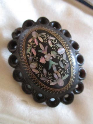 Antique Victorian Pique Brooch With Gold Silver & Mother Of Pearl Inlay
