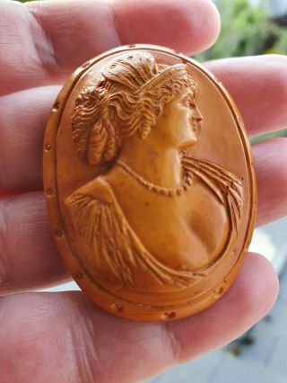 Antique,  Art Deco,  Butterscotch Amber Bakelite Cameo Of The Lady,  Brooch,  C 1920s