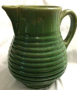 Vintage 1920 ' s McCoy Arts & Crafts Green Ring ware Yellowware Pottery Pitcher 2