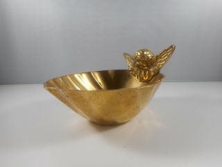 Vintage Brass Angel / Cherub With Wings Bowl - Scalloped Brass Trinket Dish - Po