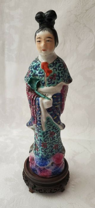 Antique Chinese Porcelain Figurine - 8.  5 " - Hand Painted W/ Carved Wood Base