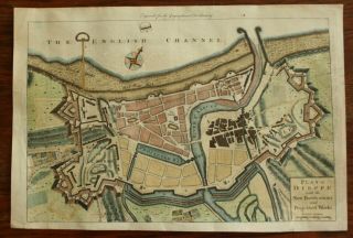 Plan Of Dieppe With Fortifications Copper Engraving Pub C 1755